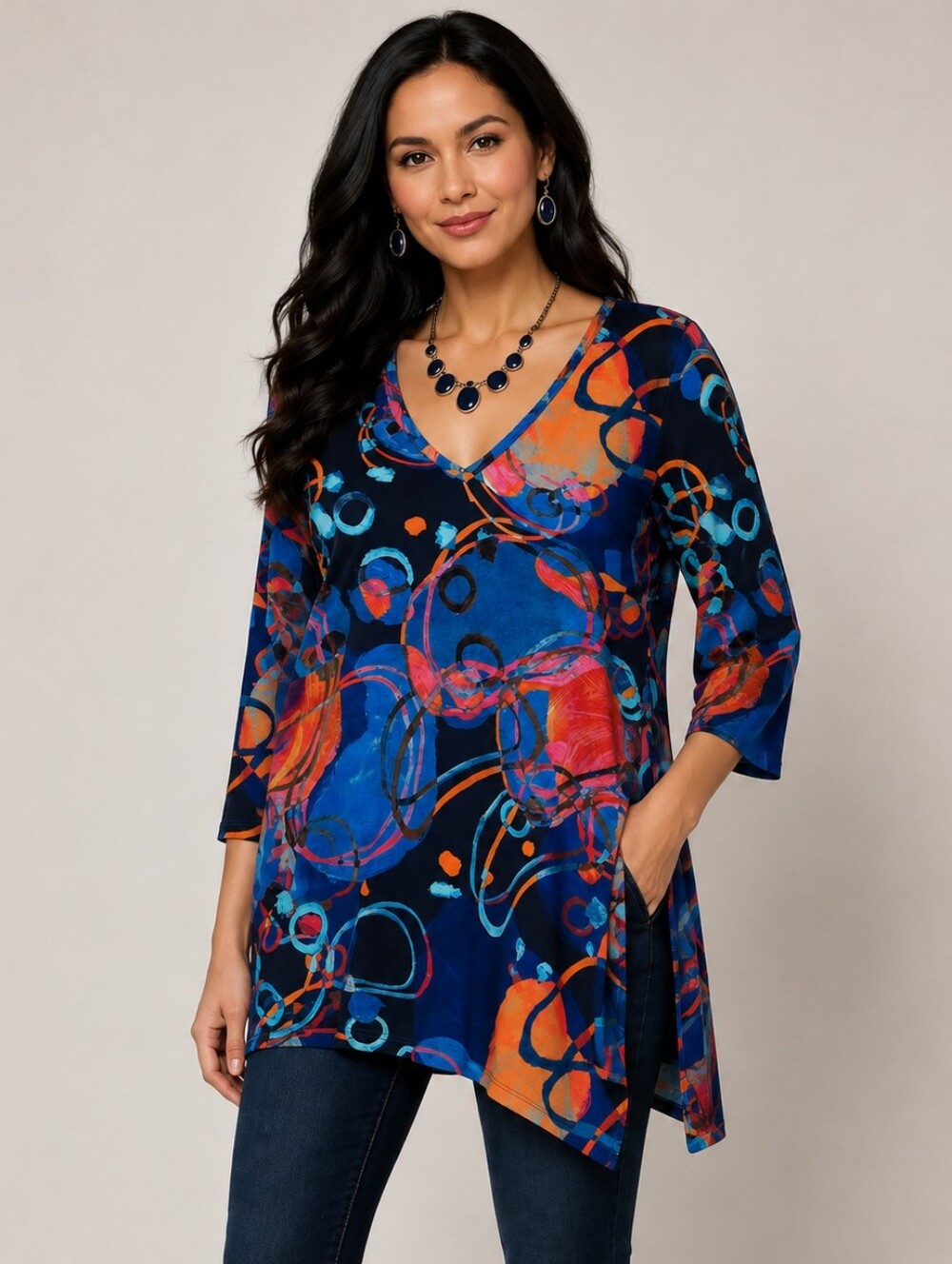 L Libra  Abstract Print Tunic Top Size L Blue Orange V-Neck
